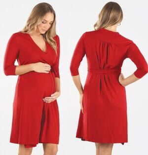 NWT Angel Maternity Classic Maternity V-Neck Wrap Feeding Dress Red Size Medium